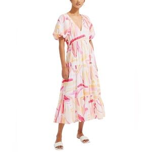 Anthropologie Steele Nakana Puff Sleeve Midi Dress in Yellow Pink Carnival Print